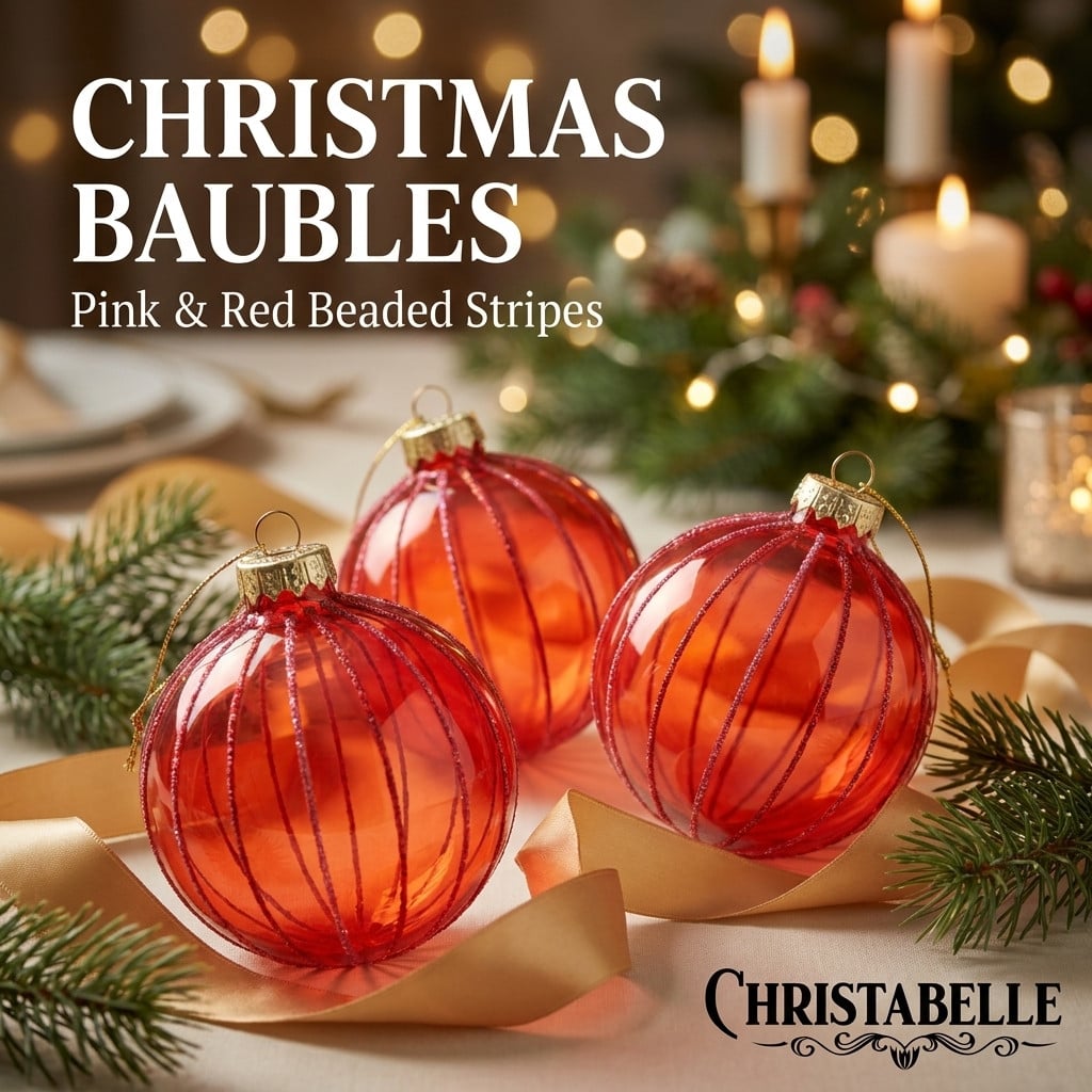 Christabelle 6 Red Glass Christmas Baubles Pink Beaded Stripes 8cm Xmas Tree Decorations Hanging Ornaments