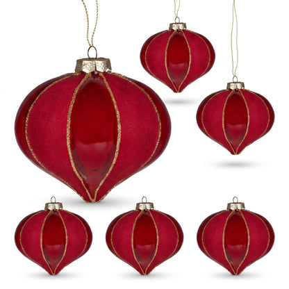 Christabelle 6 Red Glass Christmas Baubles Onion Shape 10cm Xmas Tree Decorations Hanging Ornaments Gift Boxed Set