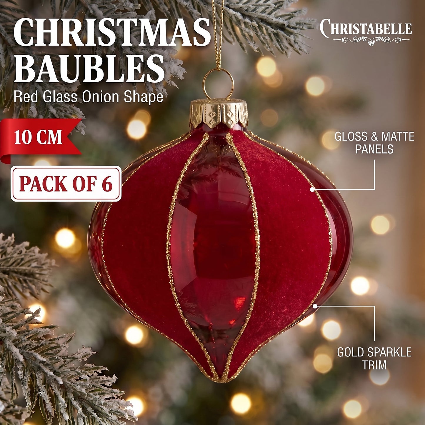 Christabelle 6 Red Glass Christmas Baubles Onion Shape 10cm Xmas Tree Decorations Hanging Ornaments Gift Boxed Set