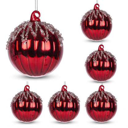 Christabelle 6 Red Glass Christmas Baubles Jewel Ice Drips 8cm Xmas Tree Decorations Hanging Ornaments Gift Boxed Set