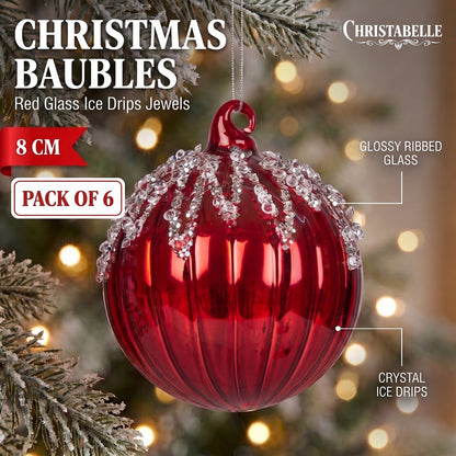 Christabelle 6 Red Glass Christmas Baubles Jewel Ice Drips 8cm Xmas Tree Decorations Hanging Ornaments Gift Boxed Set