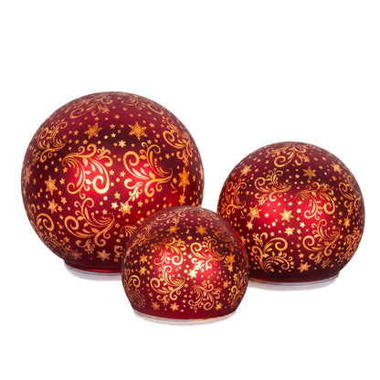 Christabelle 3 Red Glass Christmas LED Light Up Spheres Gold Pattern Table Decor Xmas Ornaments Battery Operated