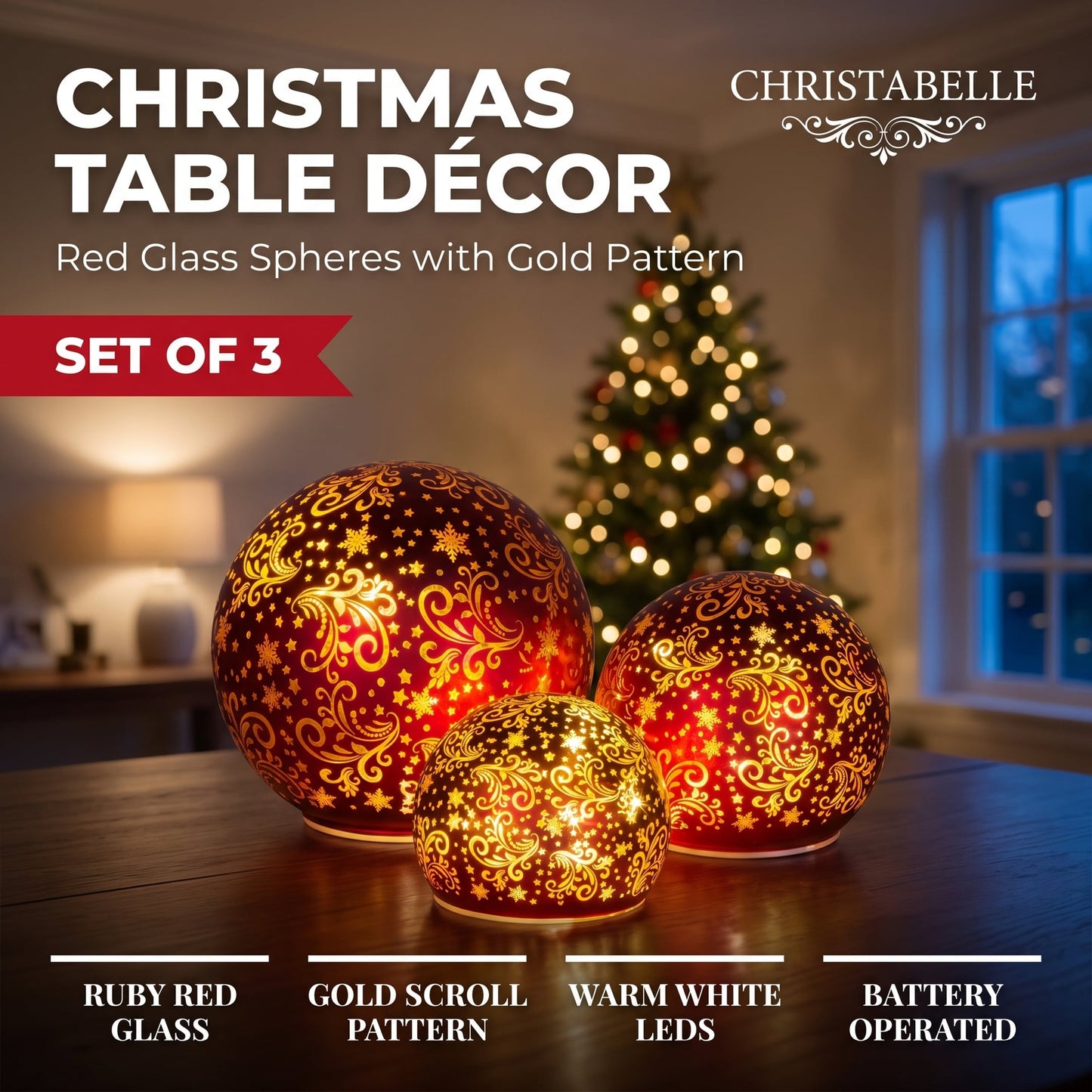 Christabelle 3 Red Glass Christmas LED Light Up Spheres Gold Pattern Table Decor Xmas Ornaments Battery Operated