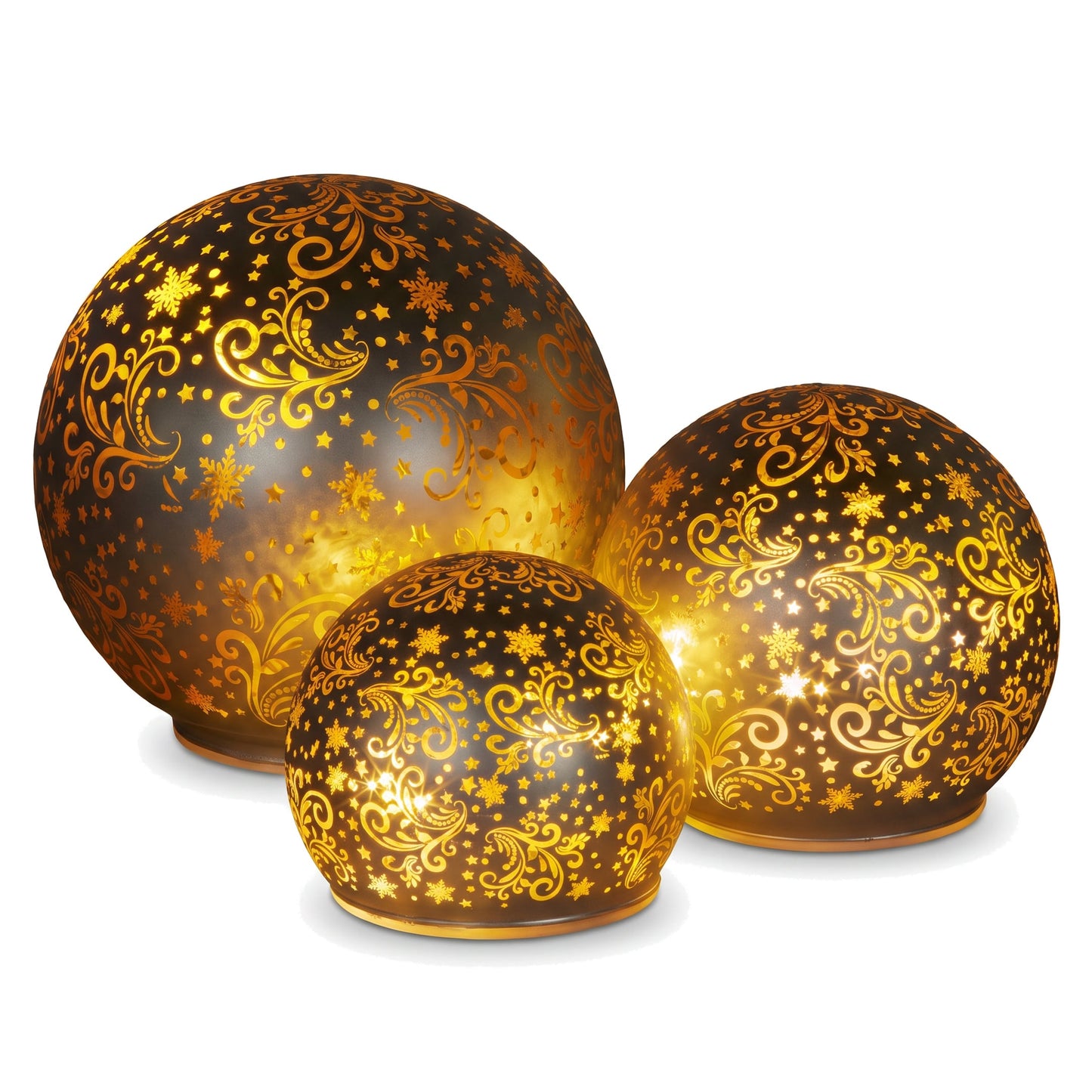 Christabelle 3 Silver Glass Christmas LED Light Up Spheres Gold Pattern Table Decor Xmas Ornaments Battery Operated