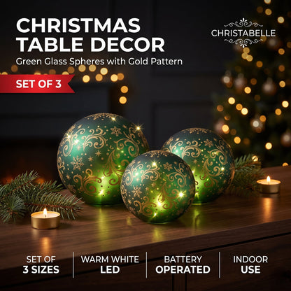 Christabelle 3 Green Glass Christmas LED Light Up Spheres Gold Pattern Table Decor Xmas Ornaments Battery Operated