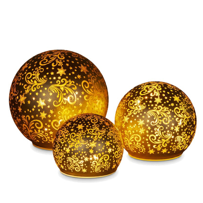 Christabelle 3 Gold Glass Christmas LED Light Up Spheres Patterned Table Decor Xmas Ornaments Battery Operated
