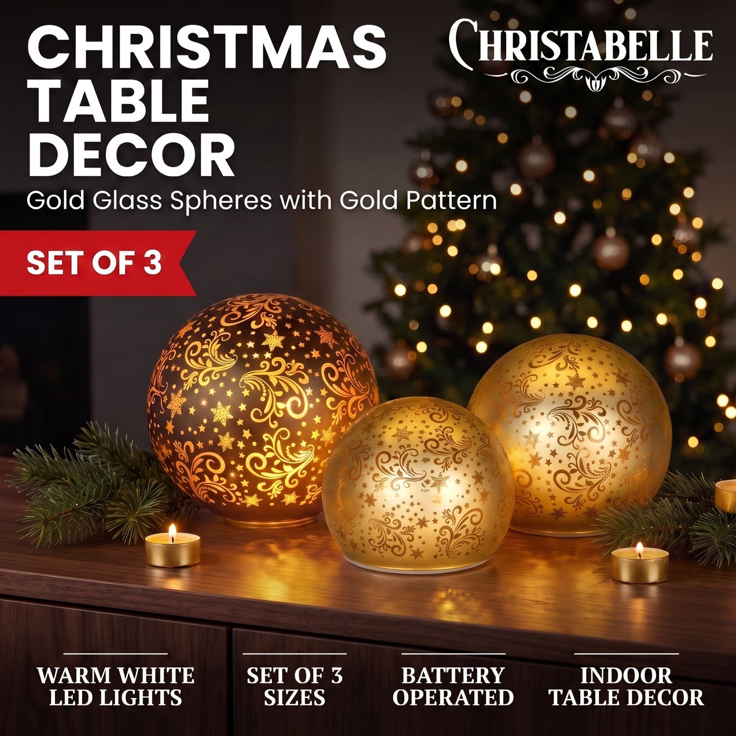 Christabelle 3 Gold Glass Christmas LED Light Up Spheres Patterned Table Decor Xmas Ornaments Battery Operated