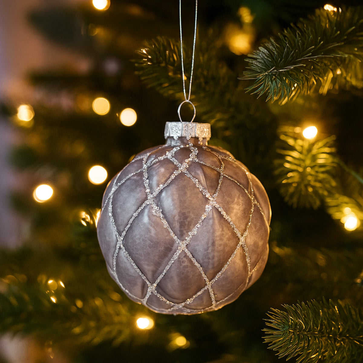 Christabelle Platinum Glass Baubles 6Pcs with Glittered Lattice Pattern Balls Christmas Tree Decoration Ornament