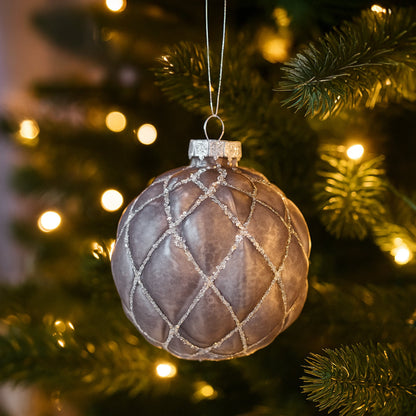 Christabelle Platinum Glass Baubles 6Pcs with Glittered Lattice Pattern Balls Christmas Tree Decoration Ornament