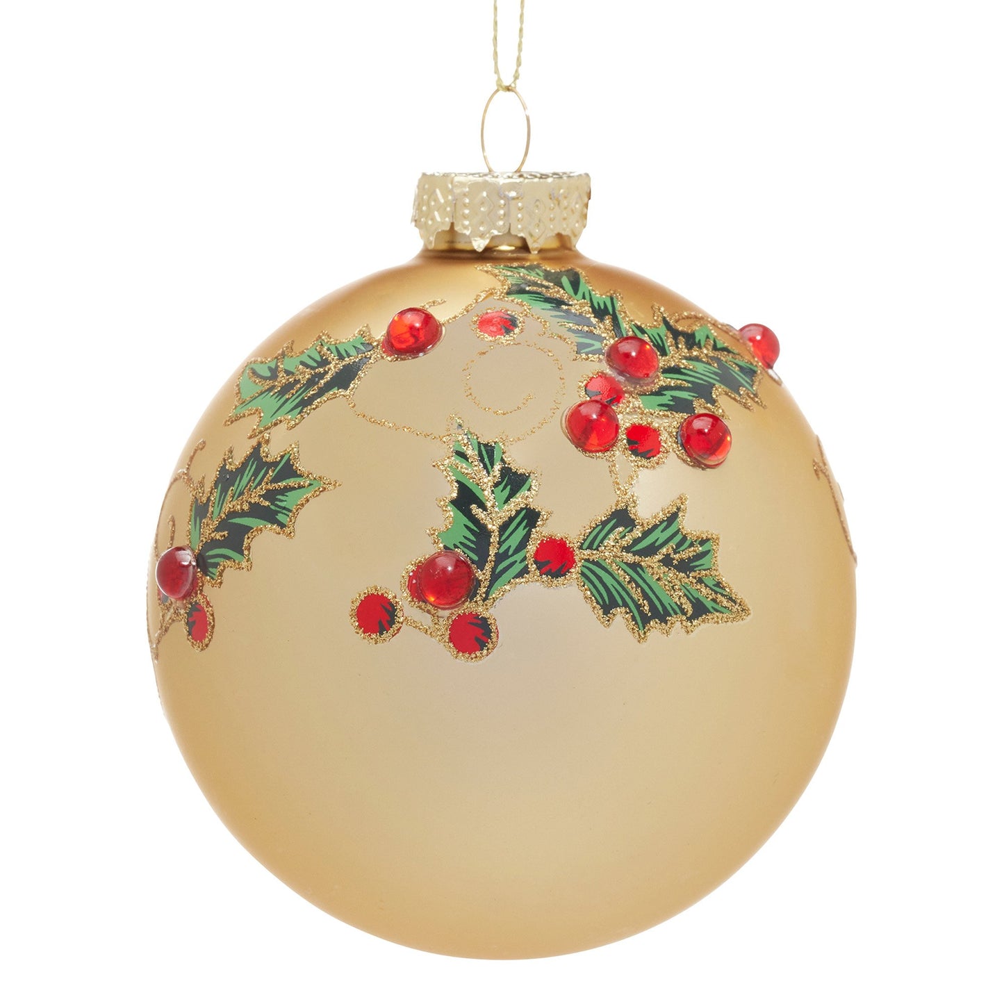 Christabelle Box of 6 Gold Glass Baubles with Holly Pattern and Jewels