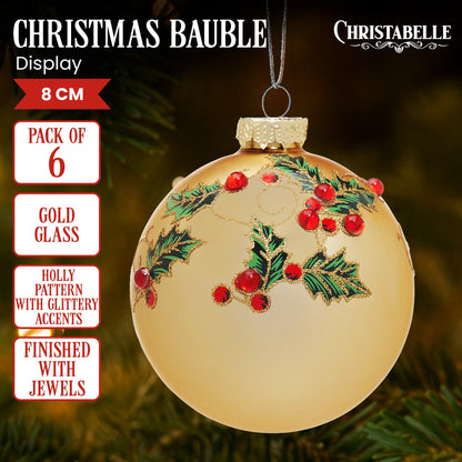 Christabelle Box of 6 Gold Glass Baubles with Holly Pattern and Jewels