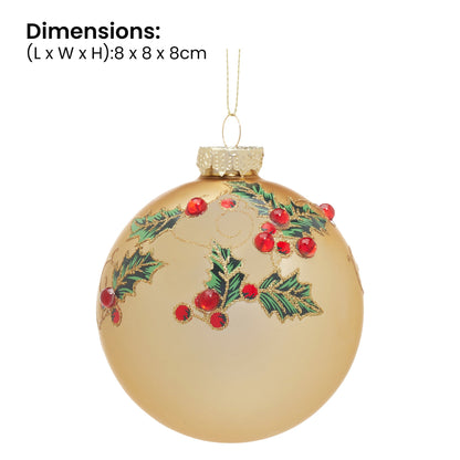 Christabelle Box of 6 Gold Glass Baubles with Holly Pattern and Jewels