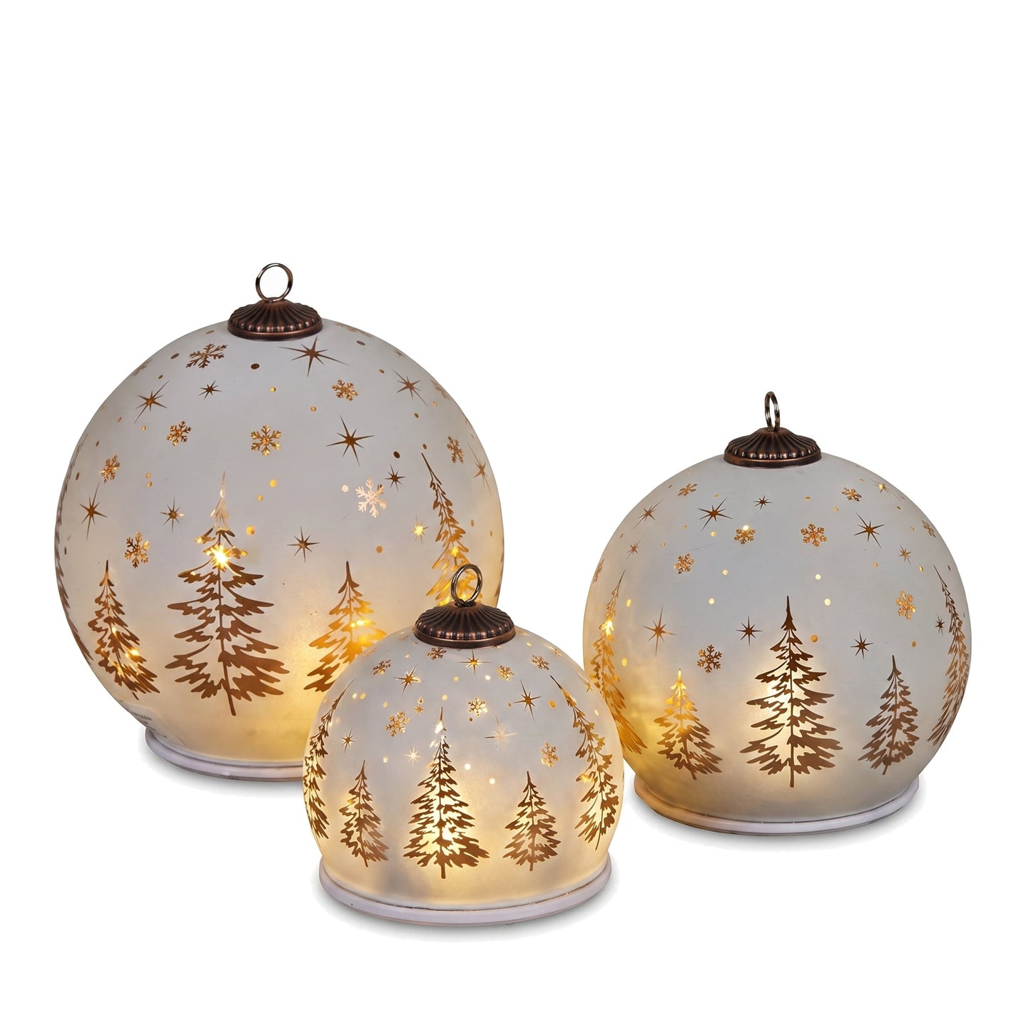 Christabelle 3 White Glass Christmas LED Light Up Spheres Gold Forest Table Decor Xmas Ornaments Battery Operated