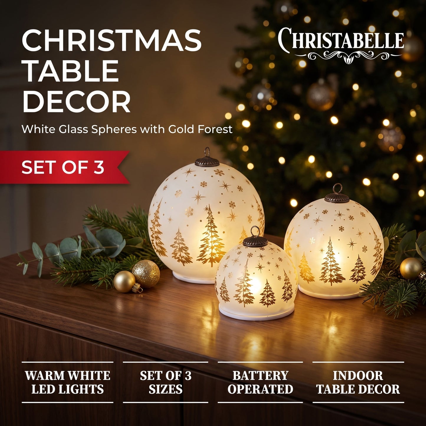 Christabelle 3 White Glass Christmas LED Light Up Spheres Gold Forest Table Decor Xmas Ornaments Battery Operated