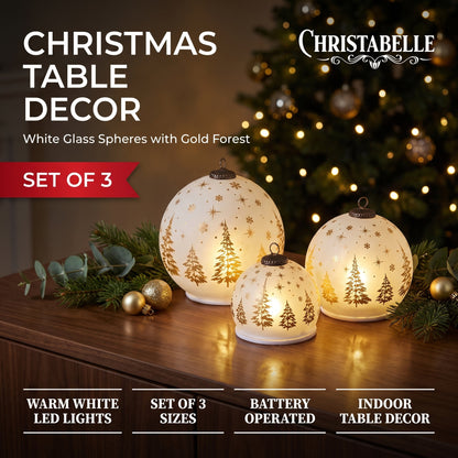 Christabelle 3 White Glass Christmas LED Light Up Spheres Gold Forest Table Decor Xmas Ornaments Battery Operated