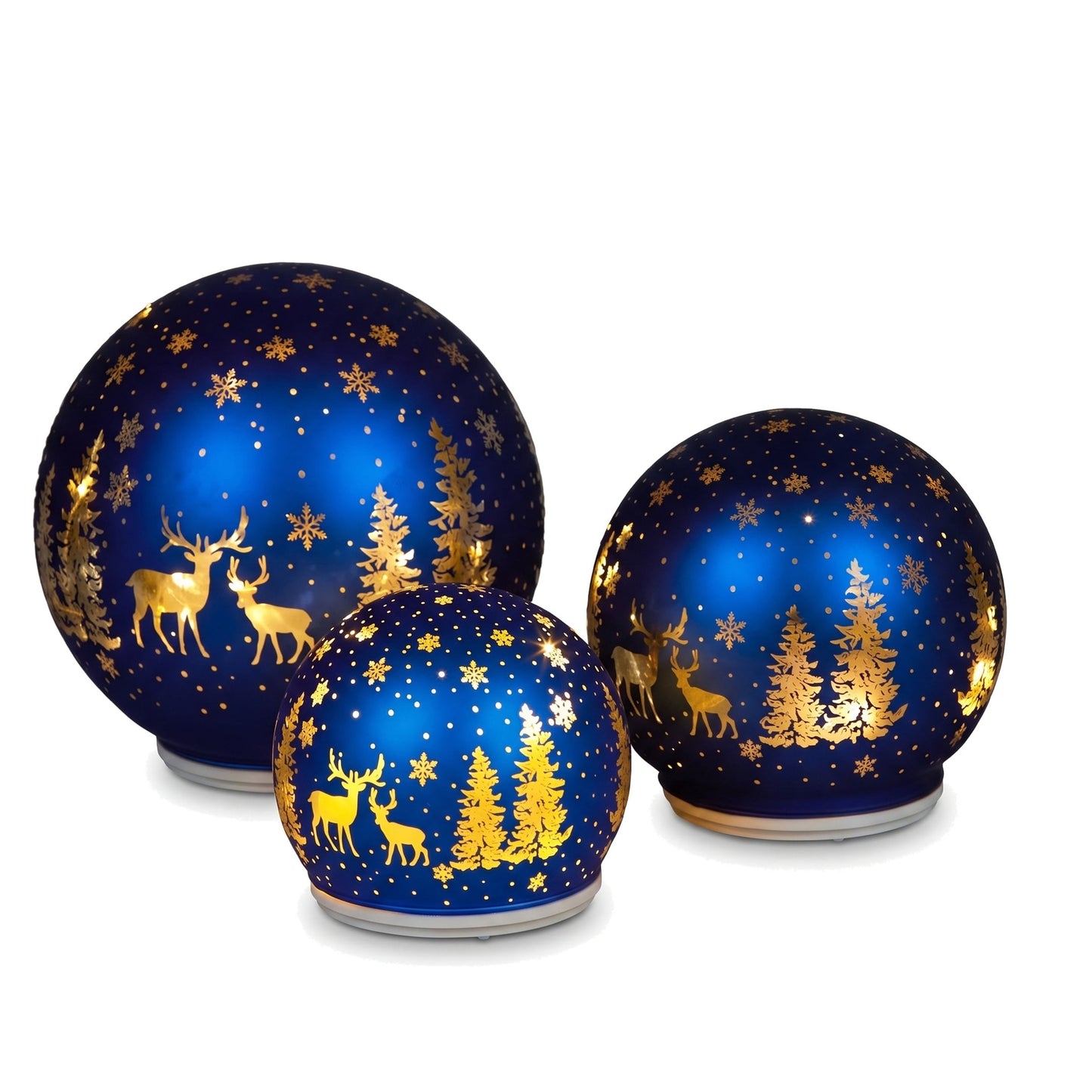 Christabelle 3 Royal Blue Glass Christmas LED Light Up Spheres Gold Forest Table Decor Xmas Ornaments Battery Operated