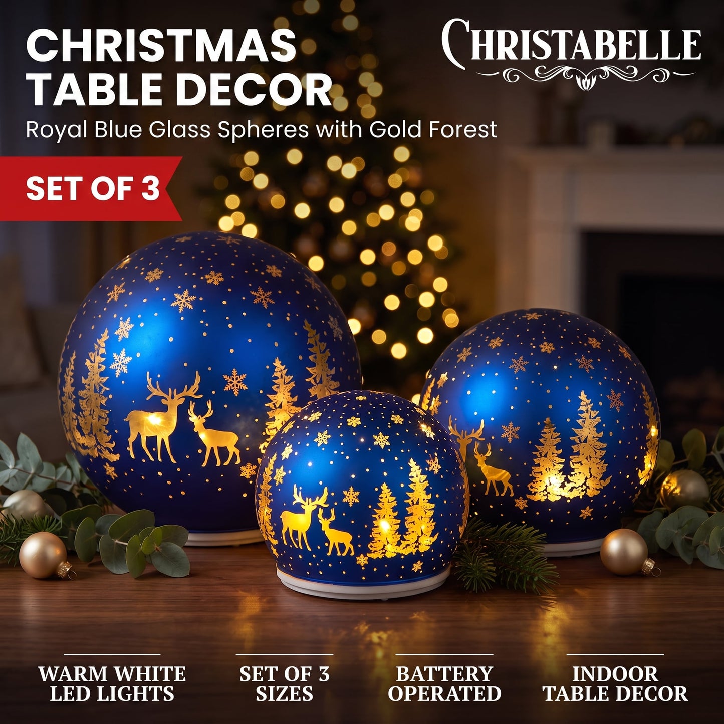 Christabelle 3 Royal Blue Glass Christmas LED Light Up Spheres Gold Forest Table Decor Xmas Ornaments Battery Operated