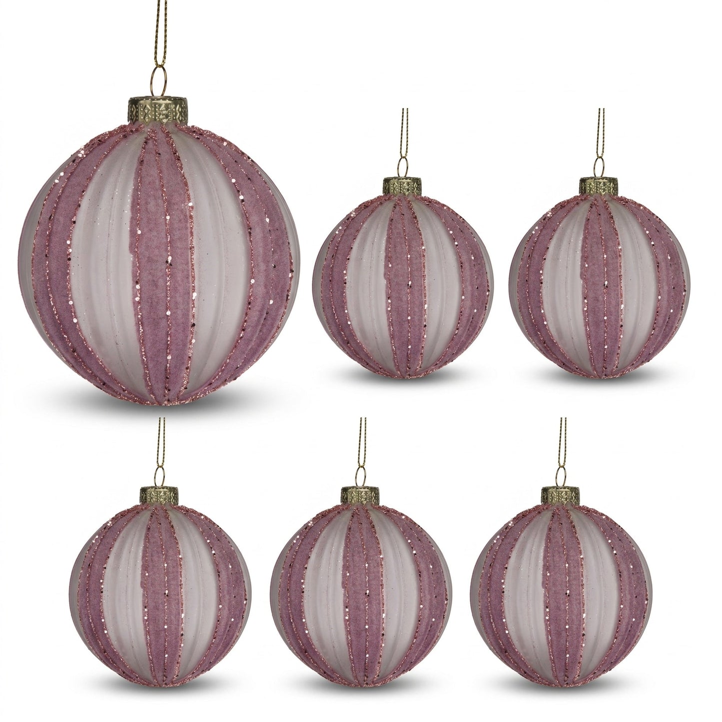 Christabelle 6 Dusty Pink Glass Christmas Baubles White Striped 8cm Xmas Tree Decorations Hanging Ornaments