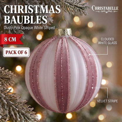 Christabelle 6 Dusty Pink Glass Christmas Baubles White Striped 8cm Xmas Tree Decorations Hanging Ornaments