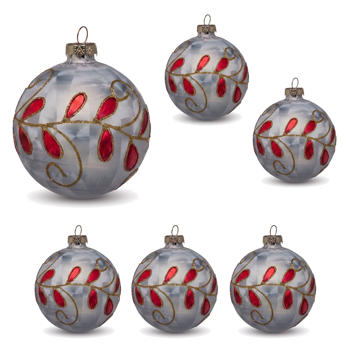 Christabelle 6 White Glass Christmas Baubles Red Jewel Leaf 8cm Xmas Tree Decorations Hanging Ornaments Gift Boxed Set