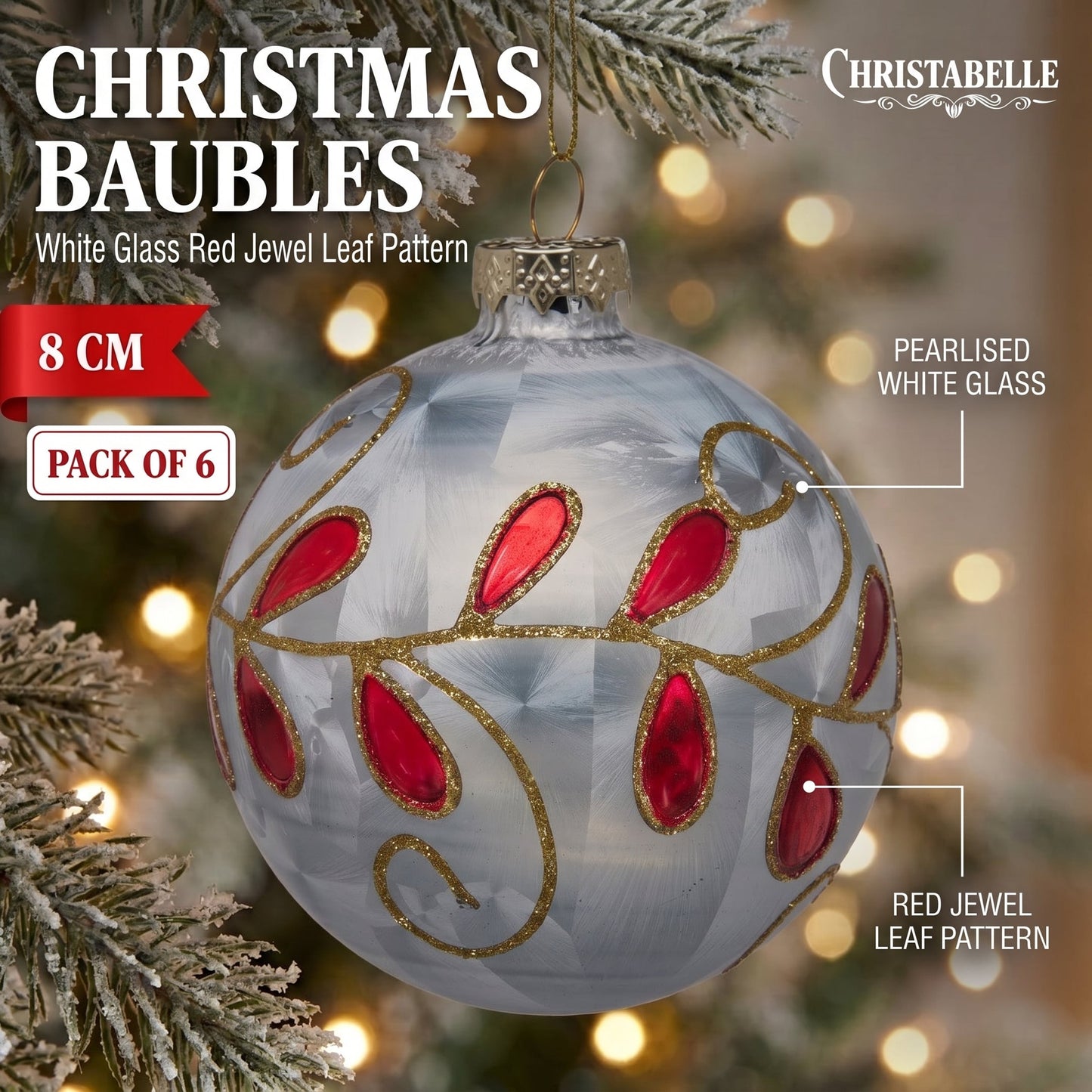 Christabelle 6 White Glass Christmas Baubles Red Jewel Leaf 8cm Xmas Tree Decorations Hanging Ornaments Gift Boxed Set