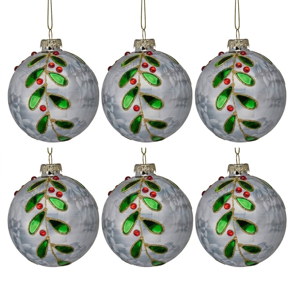Christabelle 6 White Glass Christmas Baubles Green Jewel Leaf 8cm Xmas Tree Decorations Hanging Ornaments Gift Boxed Set