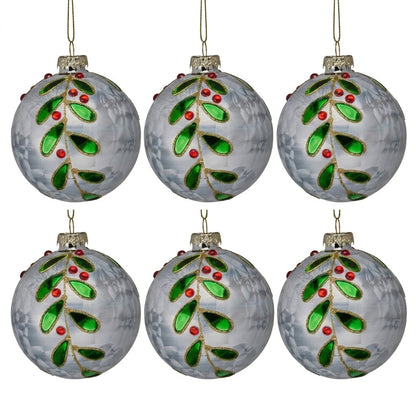 Christabelle 6 White Glass Christmas Baubles Green Jewel Leaf 8cm Xmas Tree Decorations Hanging Ornaments Gift Boxed Set