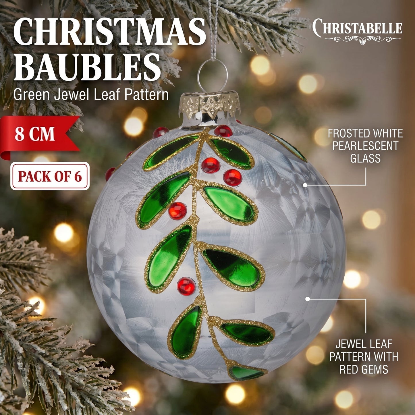 Christabelle 6 White Glass Christmas Baubles Green Jewel Leaf 8cm Xmas Tree Decorations Hanging Ornaments Gift Boxed Set