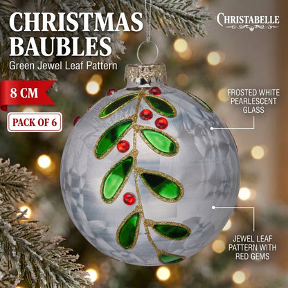 Christabelle 6 White Glass Christmas Baubles Green Jewel Leaf 8cm Xmas Tree Decorations Hanging Ornaments Gift Boxed Set