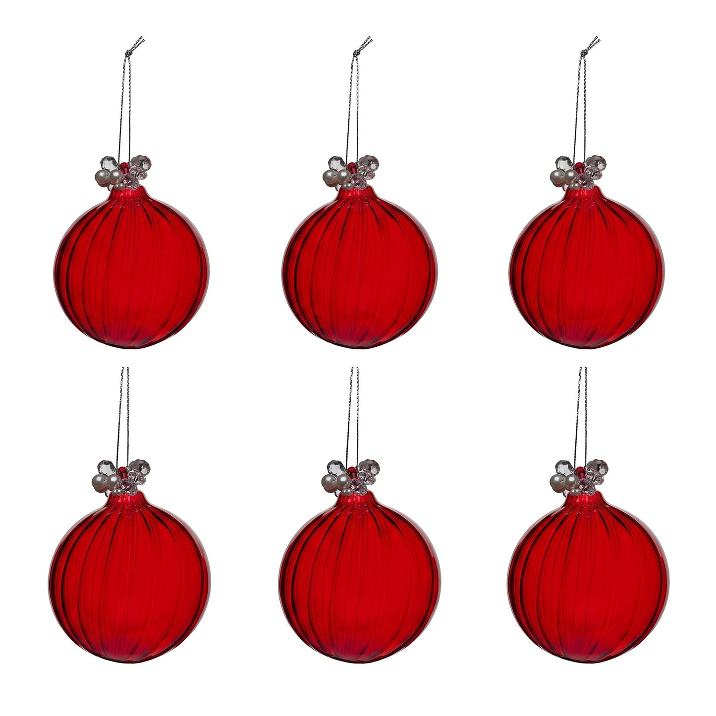 Christabelle 6 Red Glass Christmas Baubles Jewelled Top 8cm Xmas Tree Decorations Hanging Ornaments Gift Boxed Set