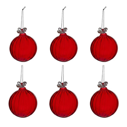 Christabelle 6 Red Glass Christmas Baubles Jewelled Top 8cm Xmas Tree Decorations Hanging Ornaments Gift Boxed Set