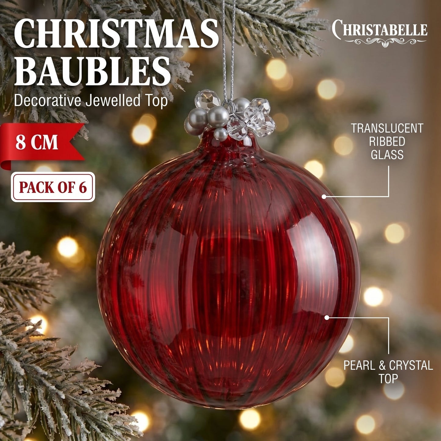 Christabelle 6 Red Glass Christmas Baubles Jewelled Top 8cm Xmas Tree Decorations Hanging Ornaments Gift Boxed Set