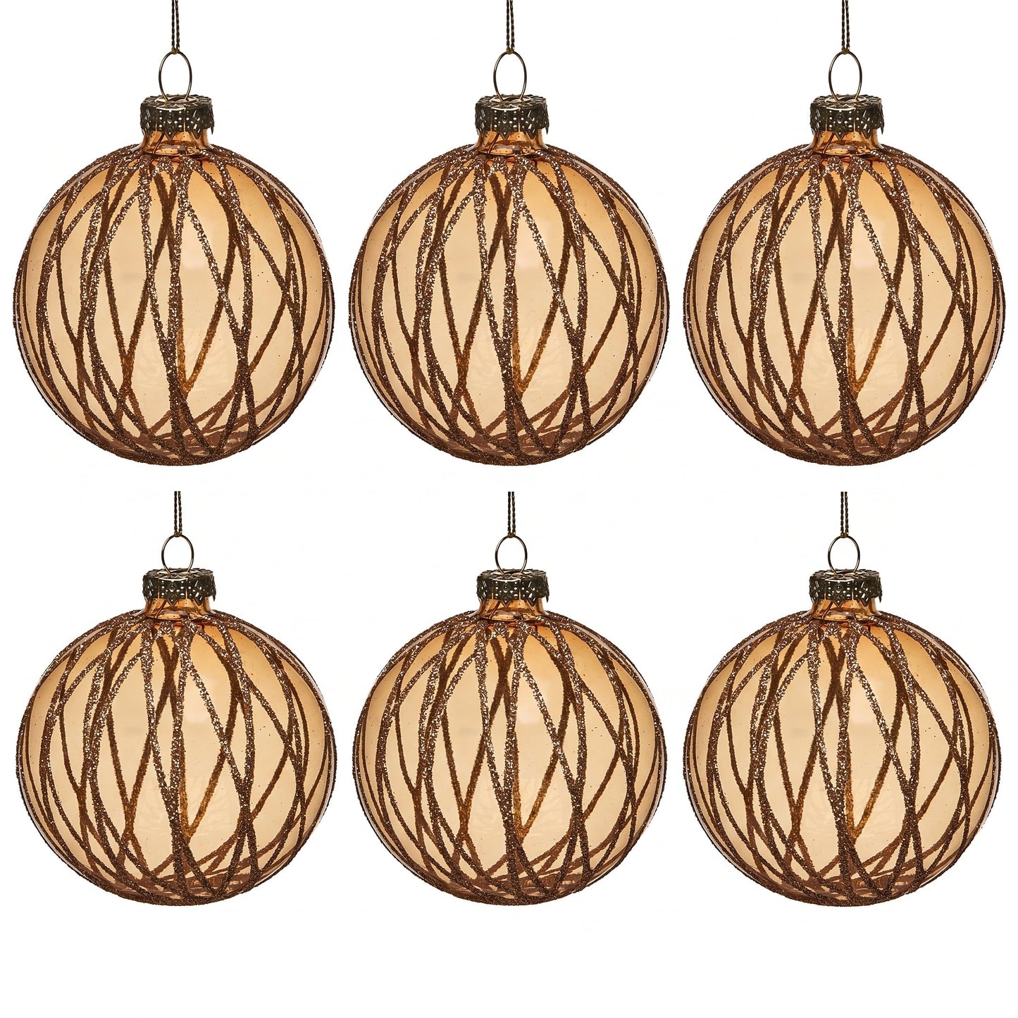 Christabelle 6 Gold Glass Christmas Baubles Shimmering Stripe Translucent 8cm Xmas Tree Decorations Hanging Ornaments