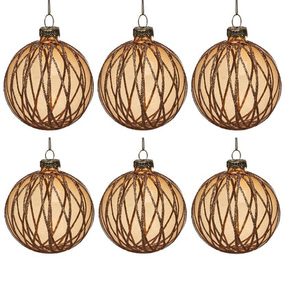 Christabelle 6 Gold Glass Christmas Baubles Shimmering Stripe Translucent 8cm Xmas Tree Decorations Hanging Ornaments