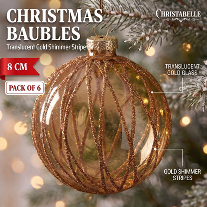 Christabelle 6 Gold Glass Christmas Baubles Shimmering Stripe Translucent 8cm Xmas Tree Decorations Hanging Ornaments