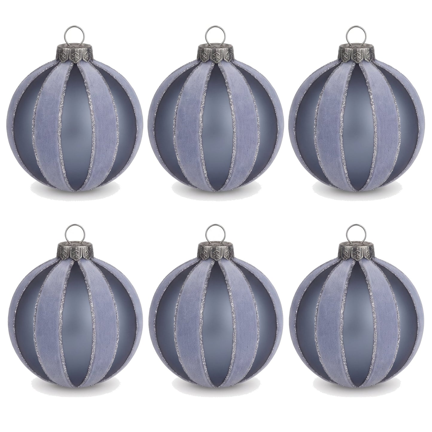 Christabelle 6 Grey Glass Christmas Baubles Velvet Stripe Silver Trim 8cm Xmas Tree Decorations Hanging Ornaments