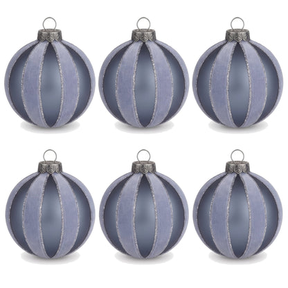 Christabelle 6 Grey Glass Christmas Baubles Velvet Stripe Silver Trim 8cm Xmas Tree Decorations Hanging Ornaments