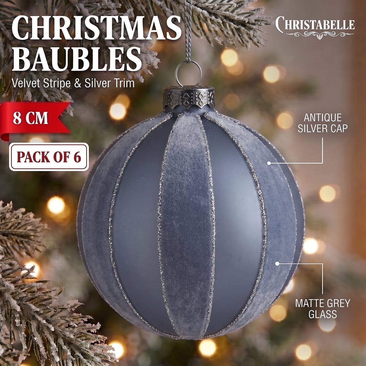 Christabelle 6 Grey Glass Christmas Baubles Velvet Stripe Silver Trim 8cm Xmas Tree Decorations Hanging Ornaments