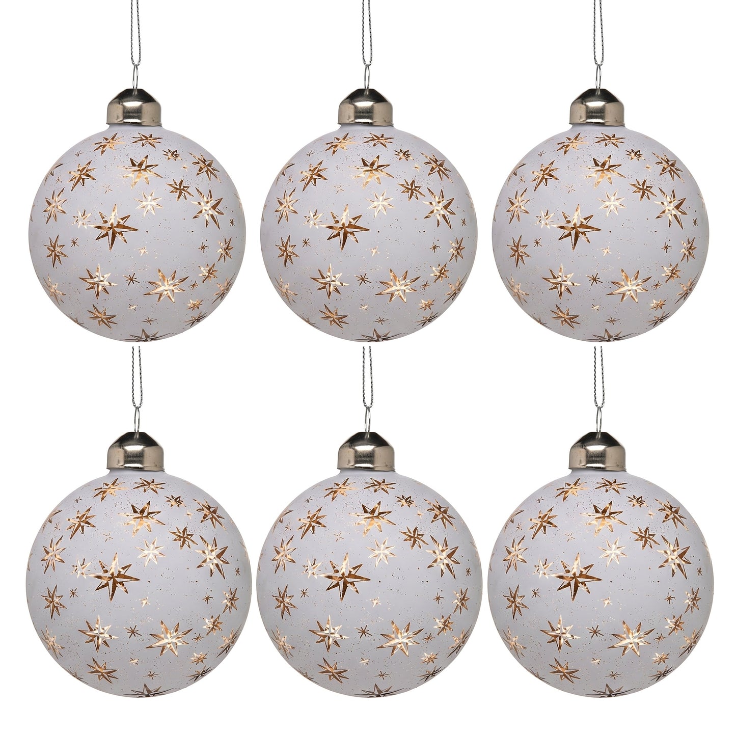 Christabelle 6 White Glass Christmas Baubles Gold Star 8cm Xmas Tree Decorations Hanging Ornaments Gift Boxed Set