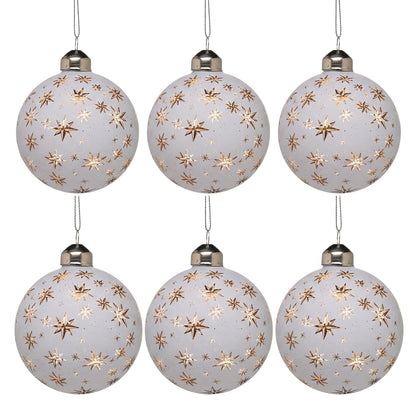 Christabelle 6 White Glass Christmas Baubles Gold Star 8cm Xmas Tree Decorations Hanging Ornaments Gift Boxed Set