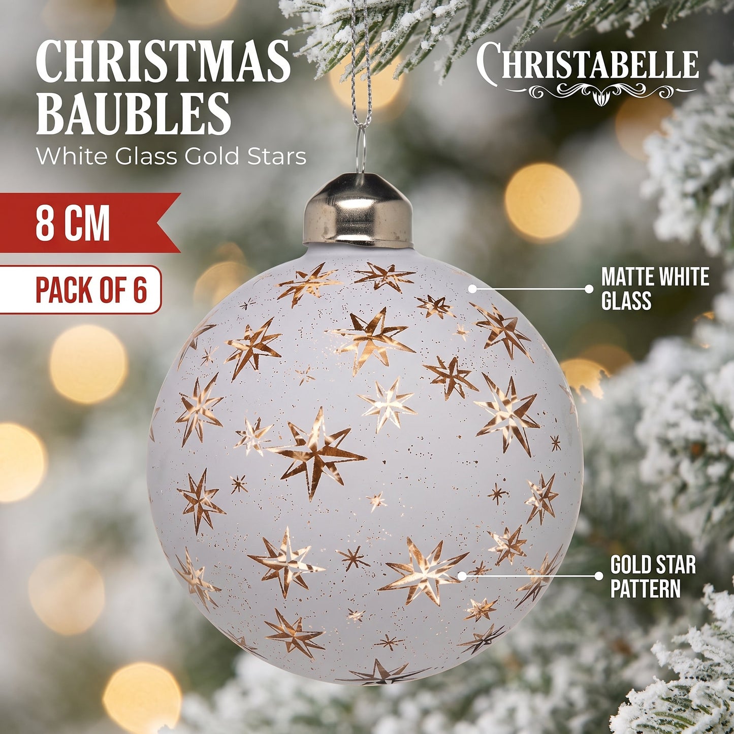 Christabelle 6 White Glass Christmas Baubles Gold Star 8cm Xmas Tree Decorations Hanging Ornaments Gift Boxed Set