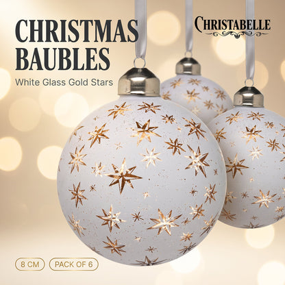 Christabelle 6 Large White Glass Christmas Baubles Gold Star 8cm Xmas Tree Decorations Hanging Ornaments Boxed Set