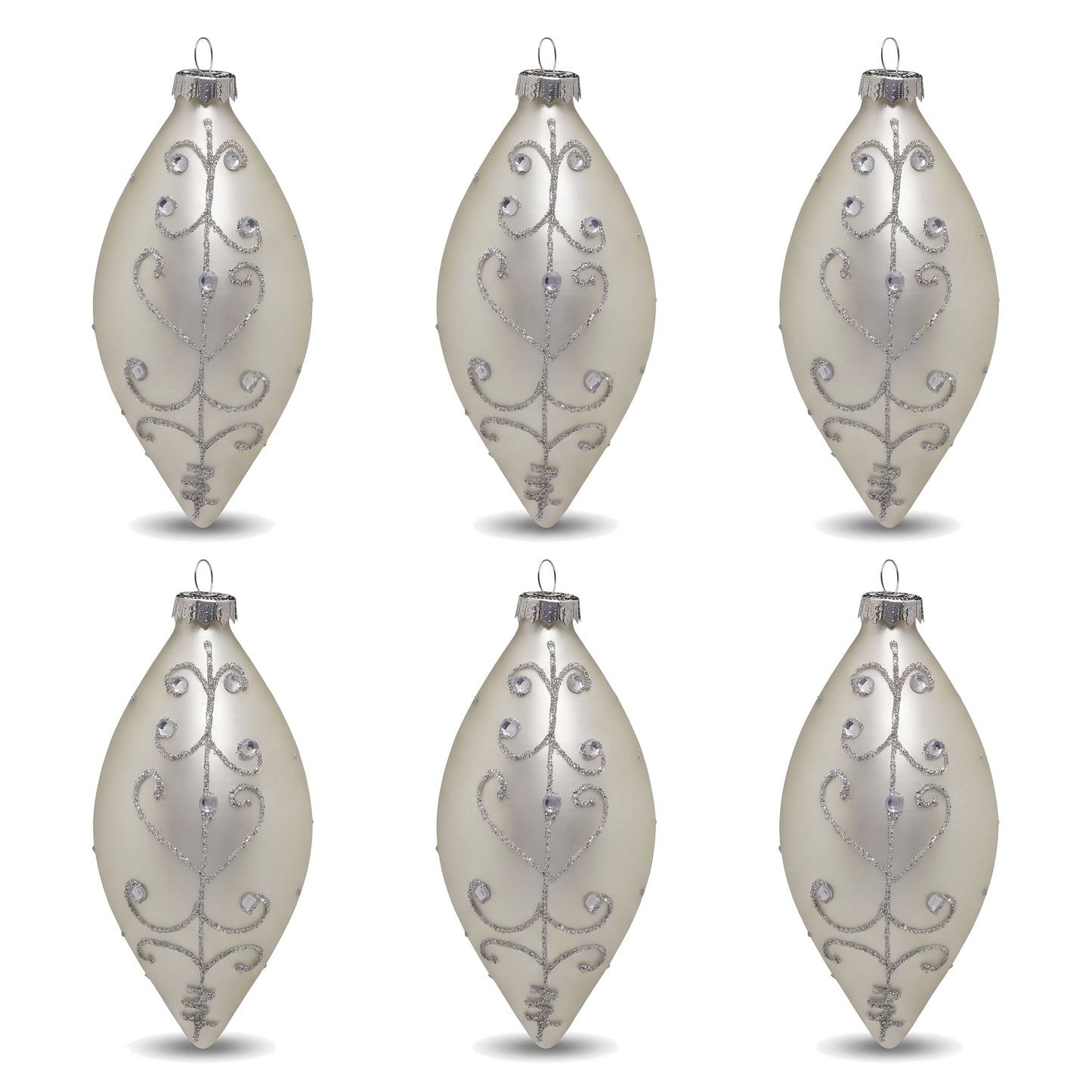 Christabelle 6 White Glass Christmas Teardrop Baubles Silver Jewel 13cm Xmas Tree Decorations Hanging Ornaments