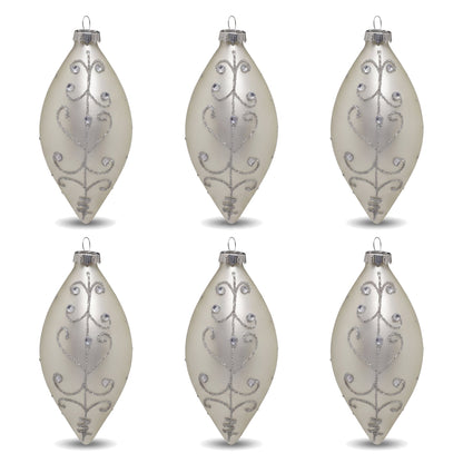 Christabelle 6 White Glass Christmas Teardrop Baubles Silver Jewel 13cm Xmas Tree Decorations Hanging Ornaments