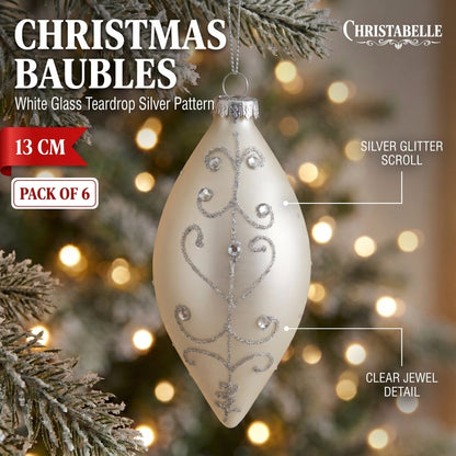 Christabelle 6 White Glass Christmas Teardrop Baubles Silver Jewel 13cm Xmas Tree Decorations Hanging Ornaments