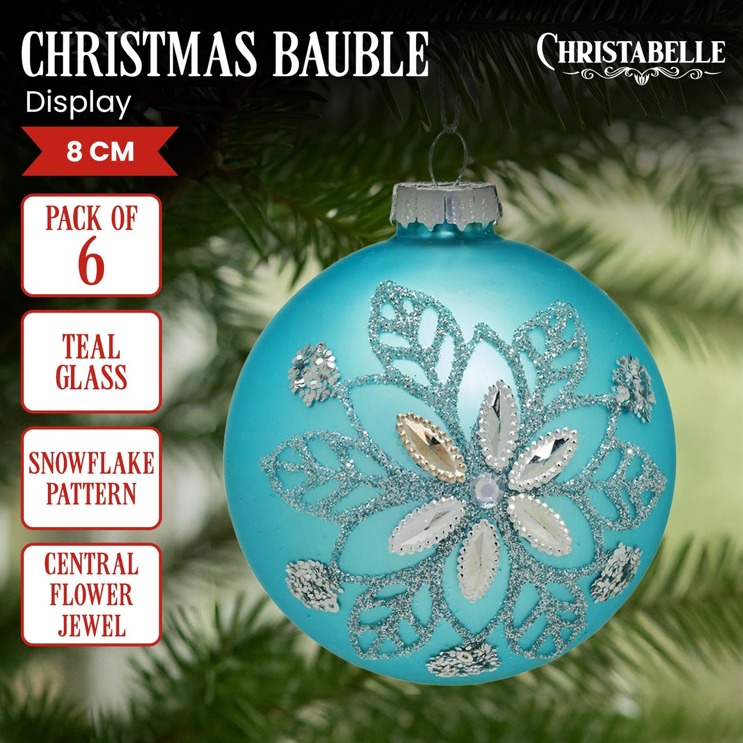 Christabelle Box of 6 Teal Glass Baubles with Snowflake Pattern & Central Jewel