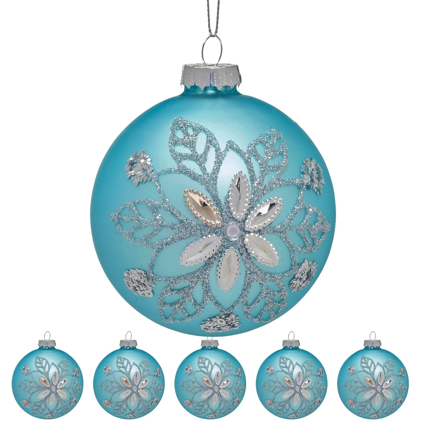 Christabelle Box of 6 Teal Glass Baubles with Snowflake Pattern & Central Jewel