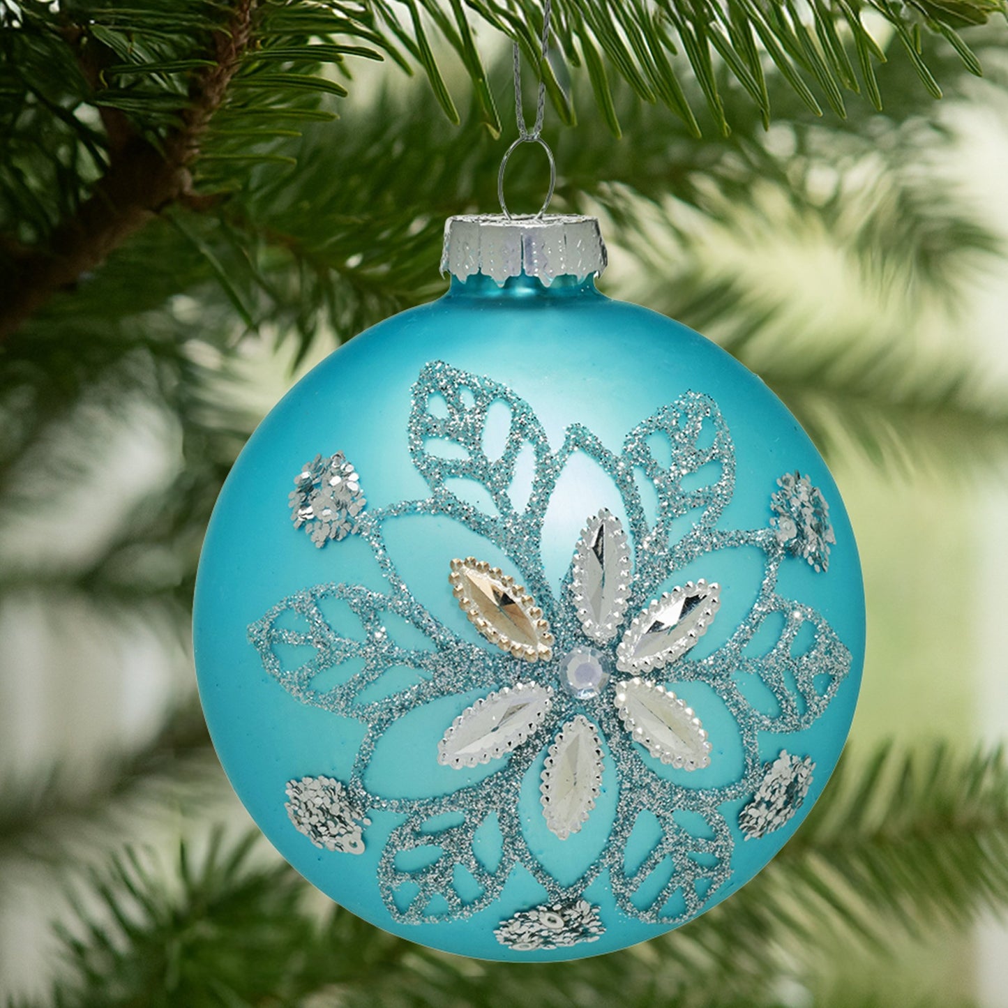 Christabelle Box of 6 Teal Glass Baubles with Snowflake Pattern & Central Jewel