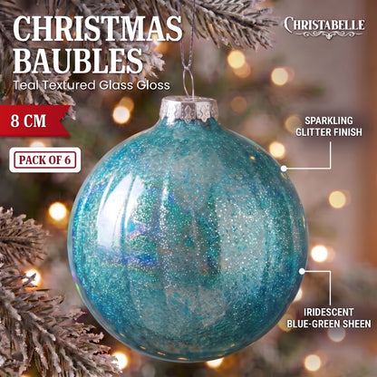 Christabelle 6 Teal Glass Christmas Baubles Textured Gloss 8cm Xmas Tree Decorations Hanging Ornaments Gift Boxed Set