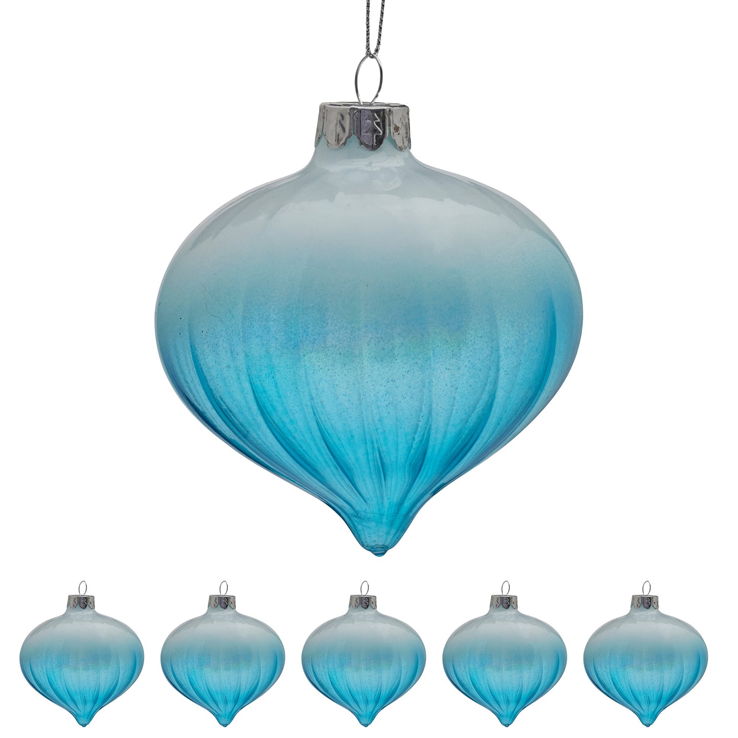 Christabelle Box of 6 Teal Ombre Glass Onion Baubles with Spiral Stripes